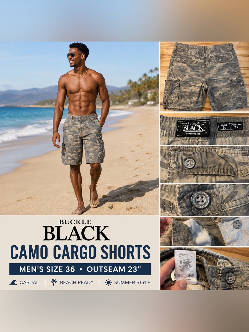 Y2K Buckle Black Camo Cargo Shorts Men’s Standard Fit 23’’ Outseam